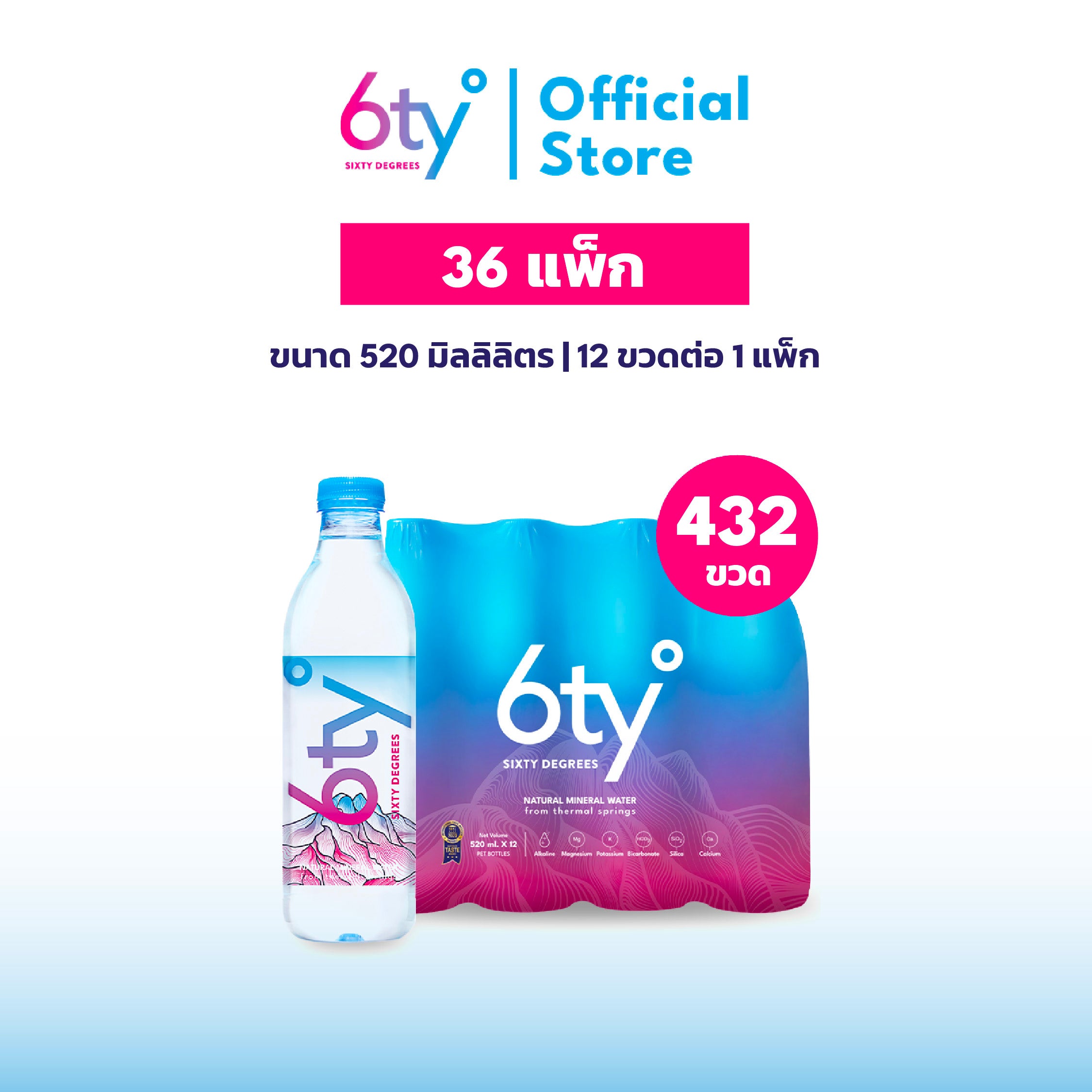 [520ml 36แพ็ก 432ขวด] น้ำแร่ 6ty Degrees Mineral Water