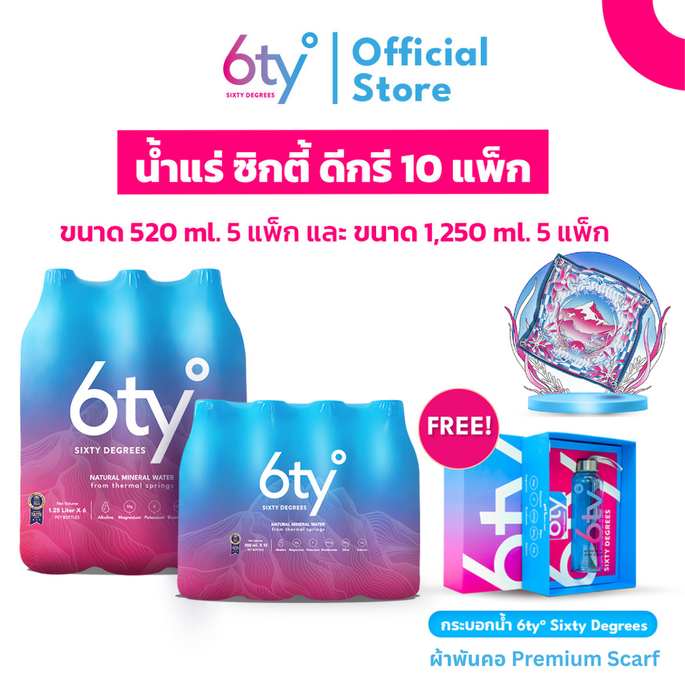 [GiftSet แถมขวดน้ำ และผ้าพันคอ Premium Scarf จัดส่งทางไปรษณีย์]  520 ml 5 แพ็ก และ 1250 ml 5 แพ็ก] จากแหล่งน้ำพุร้อนบริสุทธิ์